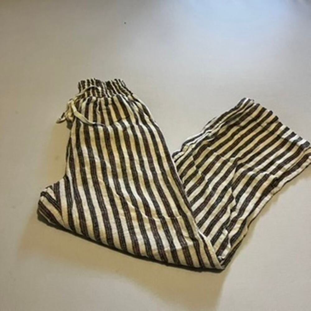 Love Tree | Striped Linen-Blend High-Rise Smocked Wide-Leg Pants — Medium
